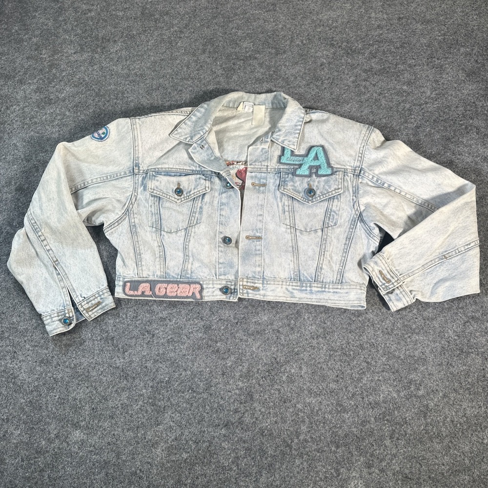 Vintage LA Gear Jean Jacket Womens Size Med Light Wash 90s Denim Letterman Crop